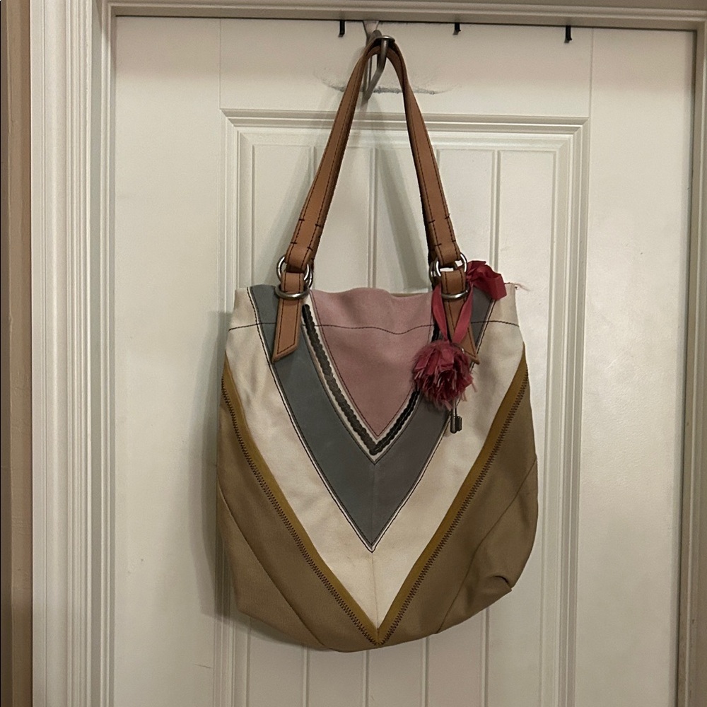 Fossil Multicolor Chevron pink suede/canvas Tote Bag